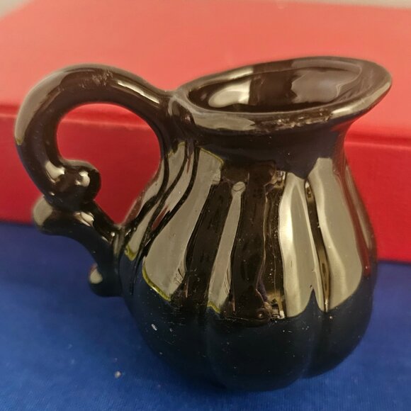 Vintage Mini Black Porcelain Purple Pink Flowers Pitcher Vase Vanity - Picture 2 of 5